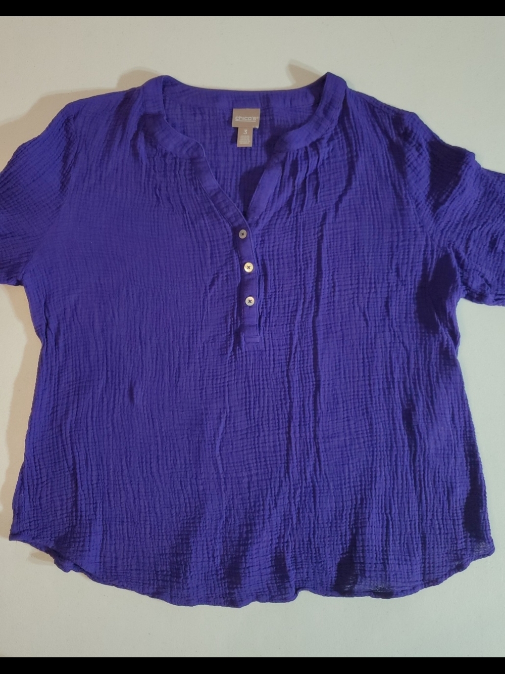 Chico's Sz 3 Short-Sleeve Button Gauze Top Adj Sleeve- Royal Purple